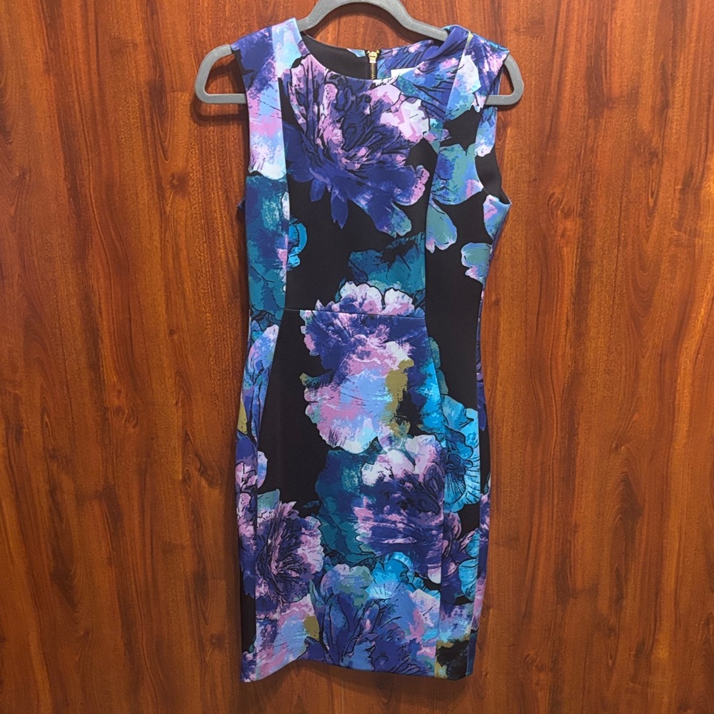 Calvin Klein Sleeveless Black Floral Sheath Dress with Purple & Blue Print.